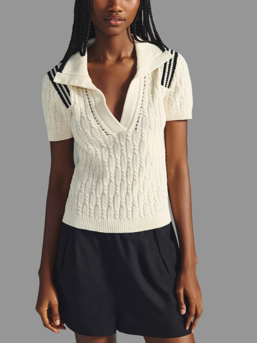 Anthropologie Maeve Cable-Knit Polo Sweater Tee White Medium